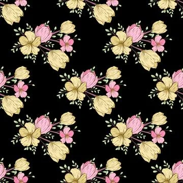 Hand drawn florals seamless pattern with pink and yellow flowers Stock Illustration