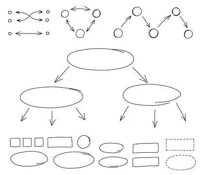 Hand drawn flowchart and graphic elements, arrows, boxes. Vector black thin.. Stock Illustration