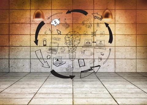 Hand-drawn flowchart is showing tiled space with pendant lamps, network Stock Illustration