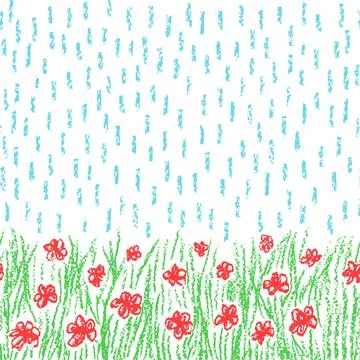 Hand drawn flower meadow background spring or summer. Wax crayon, pencil Stock Illustration