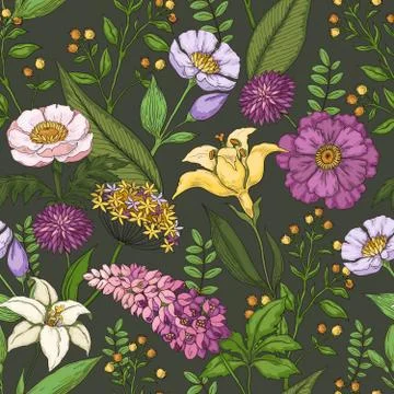 Hand drawn flower pattern. Abstract summer seamless print, beautiful nature Stock Illustration