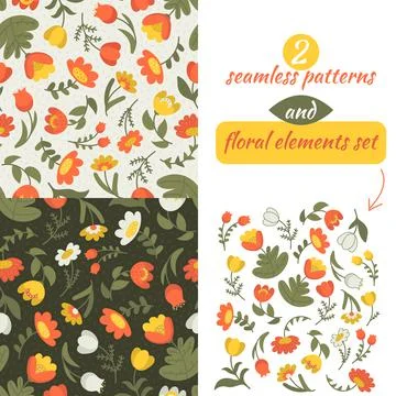 Hand drawn flower patterns set Stock Illustration