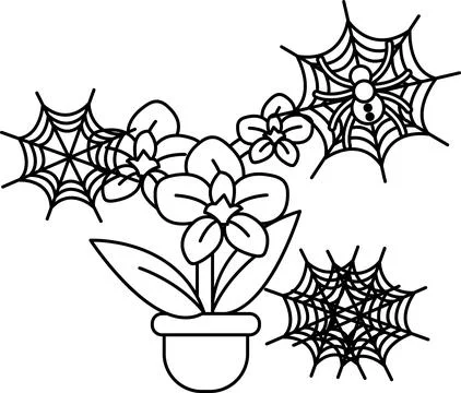 Hand-drawn flower in pot, surrounded by spiderwebs Illustrazione stock