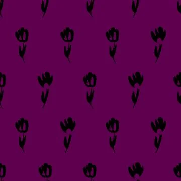 Hand drawn flowers in black repeat pattern design on purple background Stock Illustration