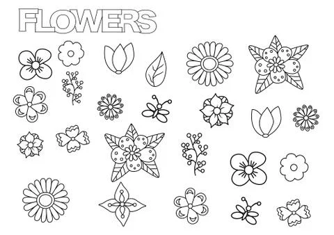 Hand drawn flowers set. Coloring book page template.  Outline doodle Stock Illustration