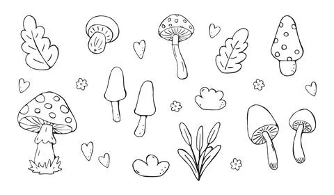 Hand Drawn Fly Agaric Mushroom and Leaf Collection with Hearts and Flowers .. Stock Illustration