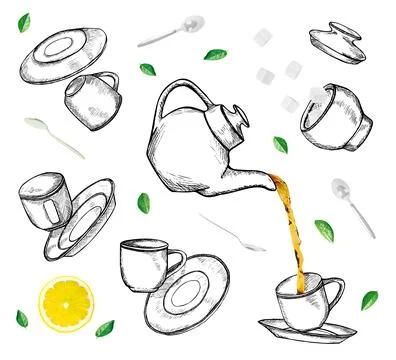 Hand drawn flying and falling tea Illustrazione stock