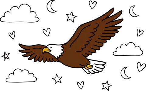 Hand Drawn Flying Eagle with Clouds and Stars Illustration. Stock Illustration