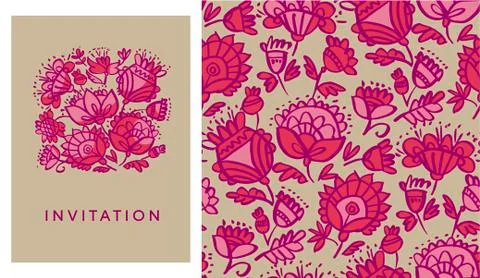 Hand drawn folk style red abstract flowers pattern Illustrazione stock