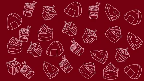 Hand drawn food doodle pattern with sushi noodles and onigiri on red background Stock Footage 344909957