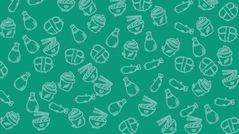 Hand-drawn food icons float on teal background Video stock 335052723