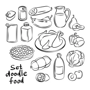 Hand drawn food objects. Freehand doodles food collection. Vector Stock Illustration