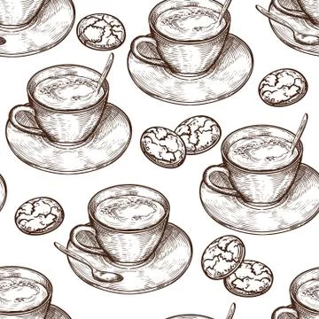 Hand Drawn food seamless pattern, Cup of hot drink, oat cookies Stock Illustration