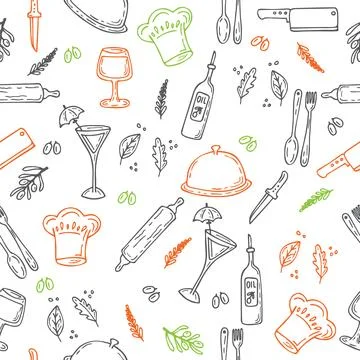 Hand drawn food seamless pattern. Sketch kitchen elements for your design Stock Illustration