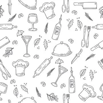 Hand drawn food seamless pattern. Sketch kitchen design elements Stock Illustration