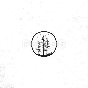 Hand drawn forest badge concept. Pine trees textured illustration with stars Stock Illustration
