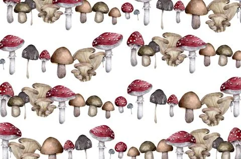 Hand drawn forest mushroom background of amanita with snails and caterpillars Stock Illustration