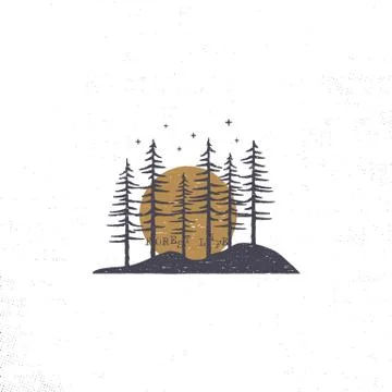 Hand drawn forest with sun concept. Pine trees textured vector illustration with Stock Illustration