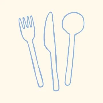 Hand drawn fork, knife and spoon in minimalist blue line style. Simple cutlery Stock Illustration