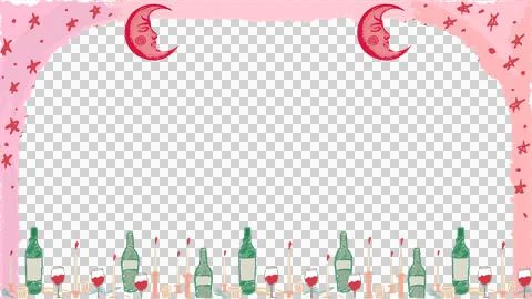 Hand-drawn frame is featuring celestial motifs, bottles, glasses, candles on Stock Illustration