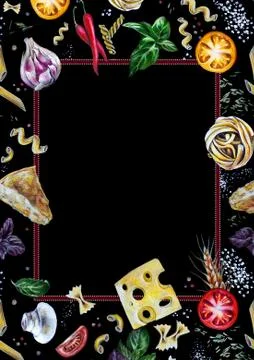 Hand-drawn frame ornament border: Italian pasta with tomatoes, cheese, basil, Stock Illustration