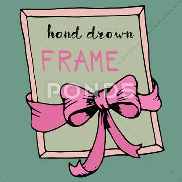 Hand Drawn Frame. Pink Bow And Ribbon Border