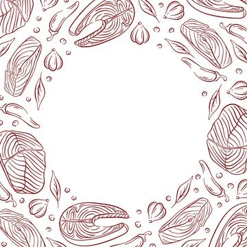 Hand drawn frame with salmon steak cut, basil, chili pepper and garlic. Line art Stock Illustration