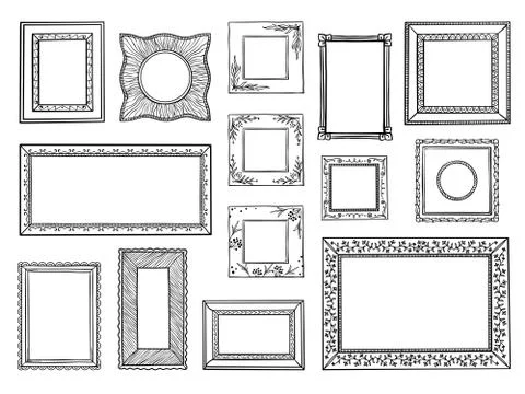 Hand drawn frames. Doodle square and circle boarders, vintage decorative sketch Stock Illustration