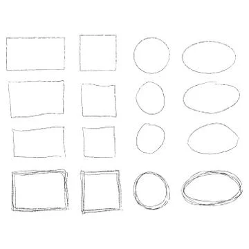 Hand drawn frames set. Cartoon style. Square, rectangle, circle, oval Stock Illustration