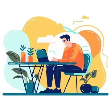 Hand Drawn Freelance man working in the office style illustration for busin.. Stock Illustration
