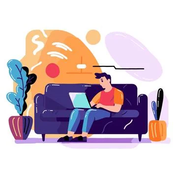 Hand Drawn Freelance man working in the office style illustration for busin.. Stock Illustration