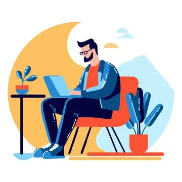 Hand Drawn Freelance man working in the office style illustration for busin.. Stock Illustration