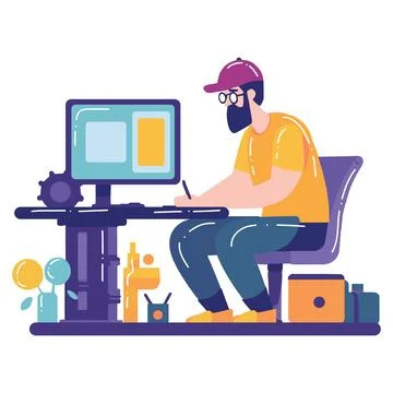 Hand Drawn Freelance man working in the office style illustration for busin.. Stock Illustration