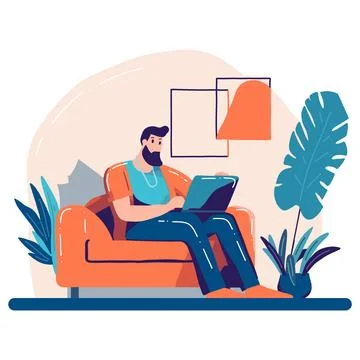 Hand Drawn Freelance man working in the office style illustration for busin.. Stock Illustration