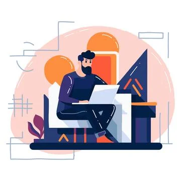 Hand Drawn Freelance man working in the office style illustration for busin.. Stock Illustration