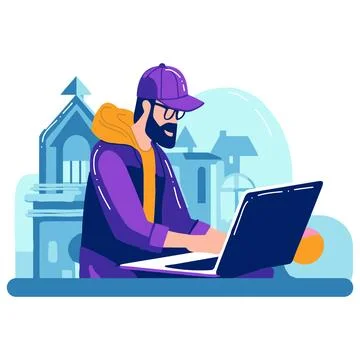 Hand Drawn Freelance man working in the office style illustration for busin.. Stock Illustration
