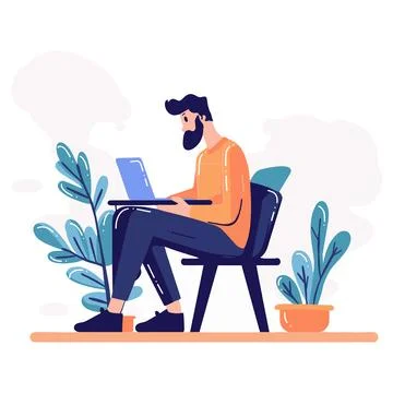 Hand Drawn Freelance man working in the office style illustration for busin.. Stock Illustration