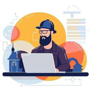 Hand Drawn Freelance man working in the office style illustration for busin.. Stock Illustration
