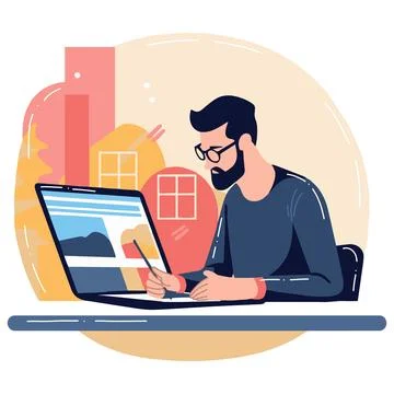Hand Drawn Freelance man working in the office style illustration for busin.. Stock Illustration