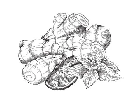 Hand drawn fresh ginger root with leaves and lemon, monochrome sketch vector Stock Illustration