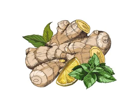 Hand drawn fresh ginger roots with lemon quarters and mint leaves, sketch vector Ilustración de archivo