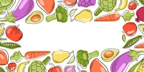 Hand drawn fruit and vegetable border. Flat style illustration background for Stock Illustration