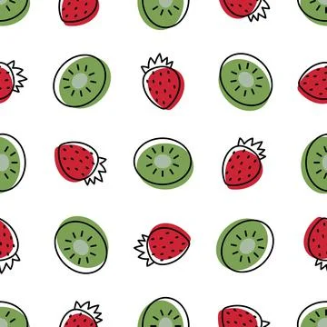 Hand drawn fruit seamless pattern with fresh kiwi and strawberry. Good for Stock Illustration