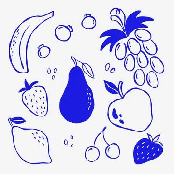 Hand-drawn fruit sketch in blue ink, perfect for wellness and culinary projec Stock Illustration