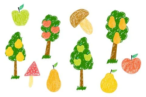Hand-Drawn Fruit Trees, Apples, Pears, and Mushrooms in Cartoon Style Stock Illustration