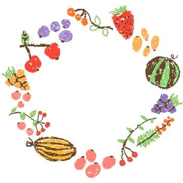 Hand drawn fruit vegetables round frame border pattern. Healthy food background. イラスト素材