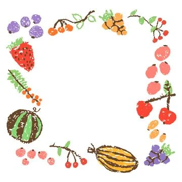 Hand drawn fruit vegetables square frame border pattern. Healthy food background Stock Illustration