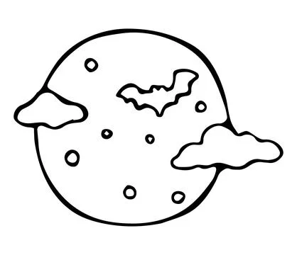 Hand Drawn Full Moon with Bat and Clouds Line Art Doodle Illustration for H.. Иллюстрация