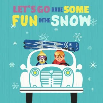 Hand drawn Fun in Snow flat color vector poster Stock Illustration
