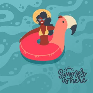 Hand drawn fun summer is here banner with black girl swimming on pink flamingo Stock Illustration